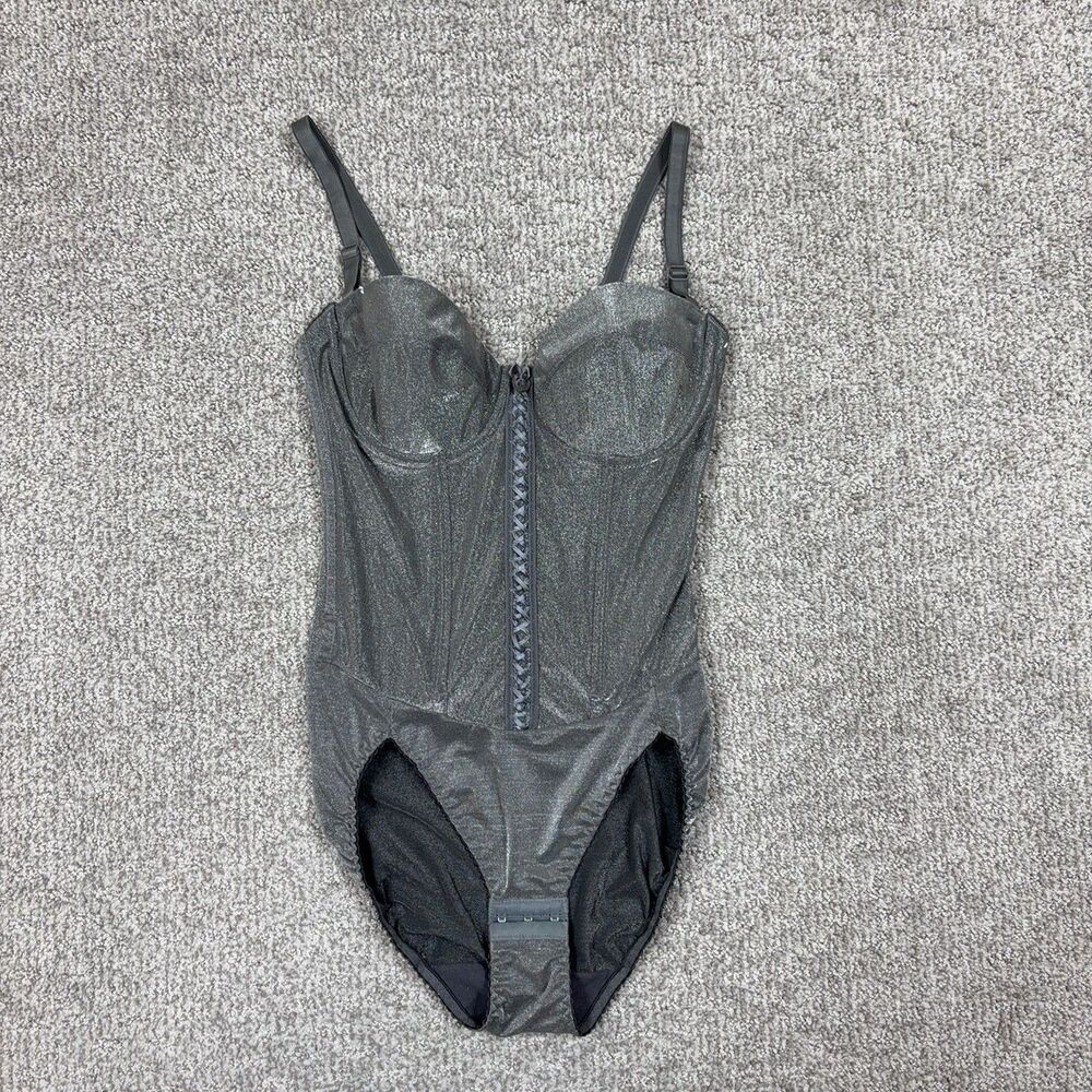 Vintage Subtract Corselette Womens 34C Gray Shapewear Zipper Bodysuit Lingerie